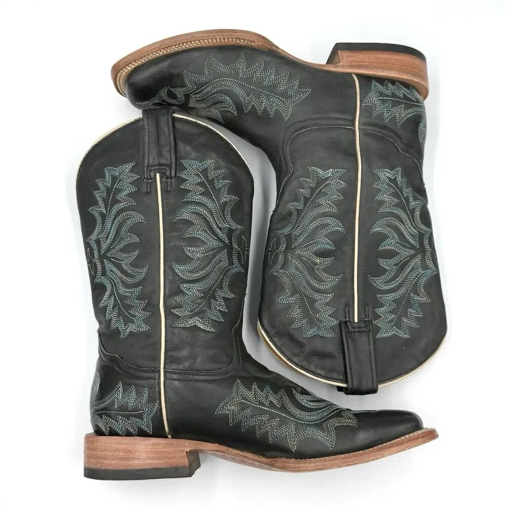 Stetson Black Leather Western Cowboy Boots Women’s US 8 Blue Embroidered Square